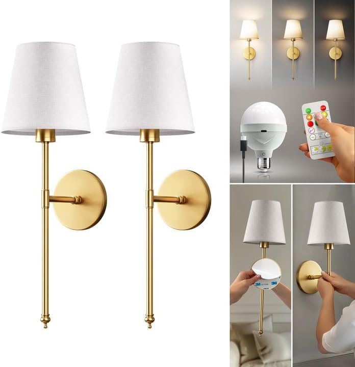 pridola Set of 2 Wireless Wall Sconces – Stick-On or Screw Mount - Rechargeable LED Bulbs, Remote Controlled, Adjustable Brightness & Warmth, Easy Installation, Living Room Wall Decor (Gold) - Image 1